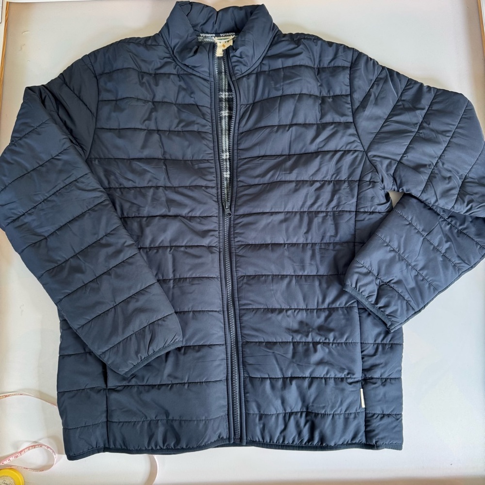 Voyager Mens Navy Blue Puffer Jacket Plaid Fleece Lined Quilted Full Zip Medium